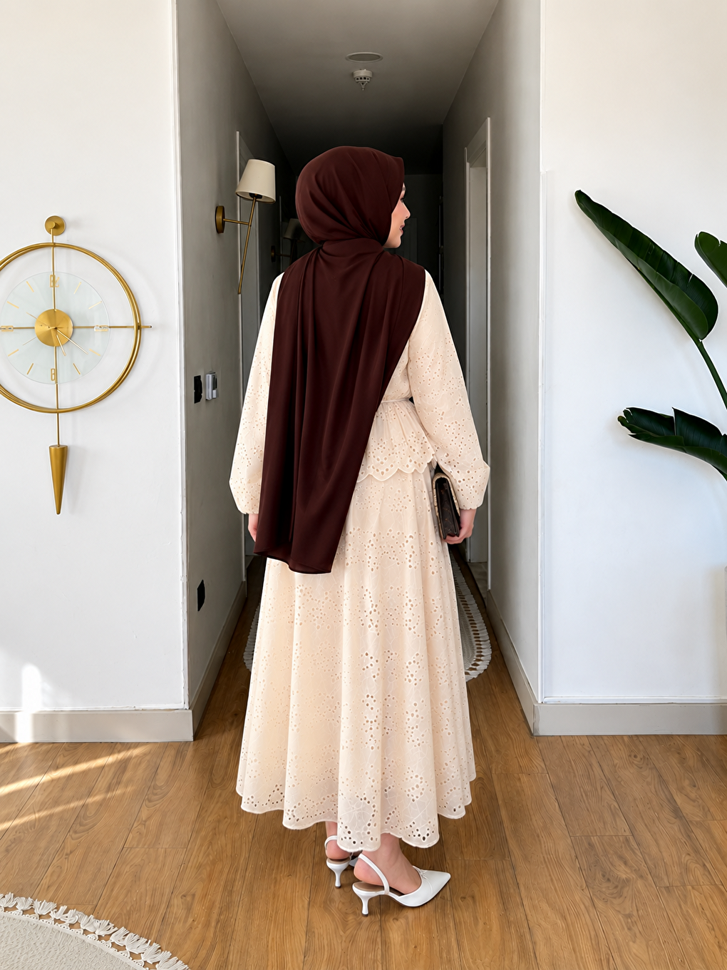 Ekru Kadın Bağlamalı Fisto Dantelli Krem Tesettür Gömlek Elbise-4
