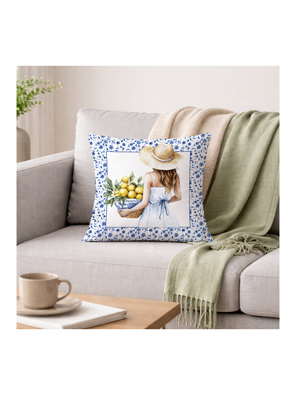 Karışık Sarı Çizgili Vazoda Limon Desenli 4'lü Süet Kırlent Kılıfı Seti 43x43 cm-2