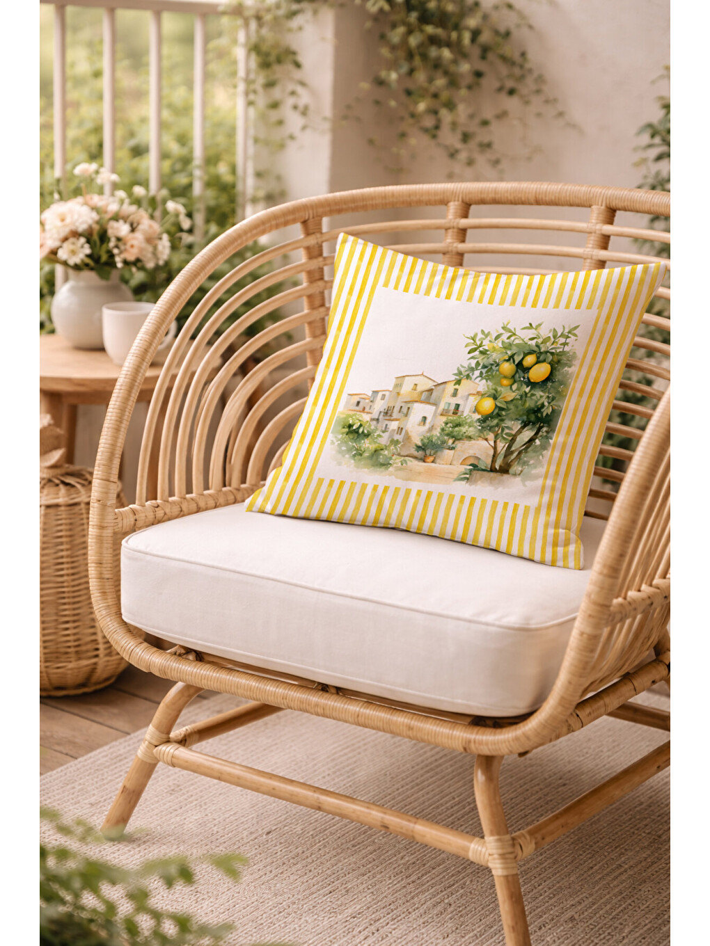 Karışık Sarı Çizgili Limon Çiçeği ve Figürlü 4'lü Süet Kırlent Kılıfı Seti 43x43 cm-4