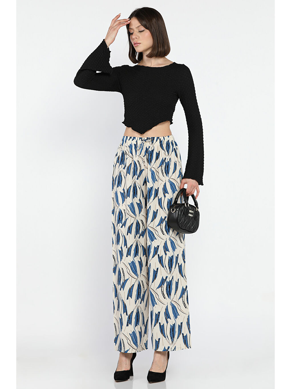 Ekru Desenli Bel Lastikli Kadın Viskon Yürüyüş Pantolonu-1