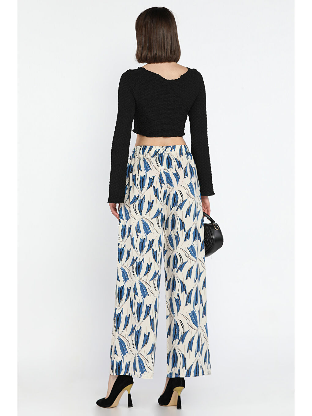 Ekru Desenli Bel Lastikli Kadın Viskon Yürüyüş Pantolonu-2