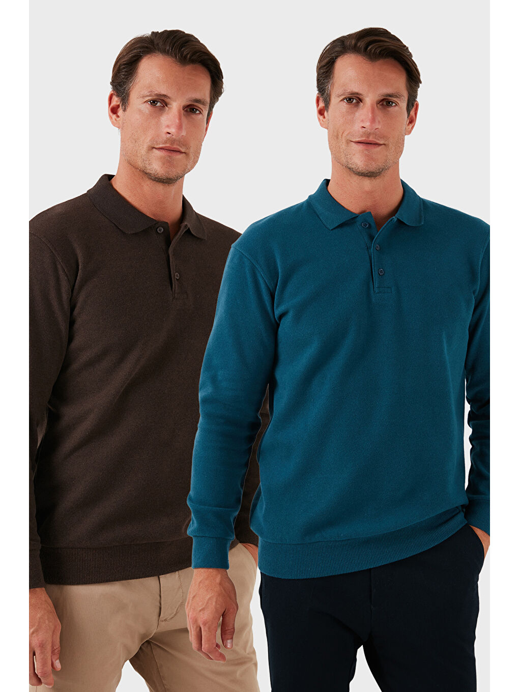 Kahverengi Pamuk Karışımlı Regular Fit 2'li Paket Polo Yaka Kazak 456223S2