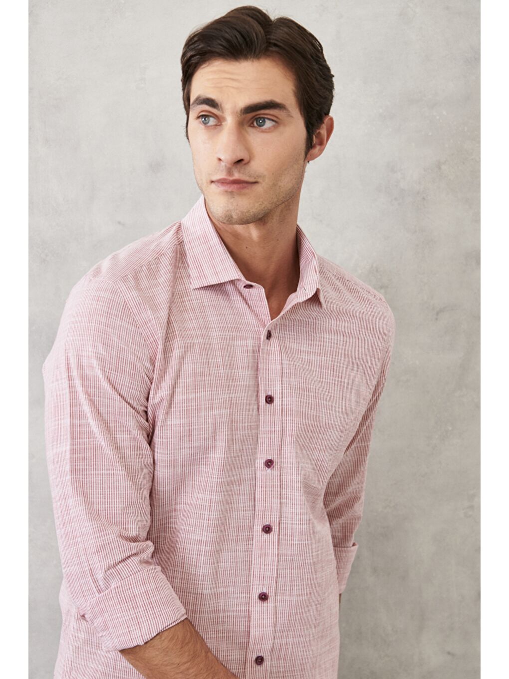 Erkek Bordo Slim Fit Dar Kesim %100 Pamuk Klasik Yaka Çizgili Gömlek-1