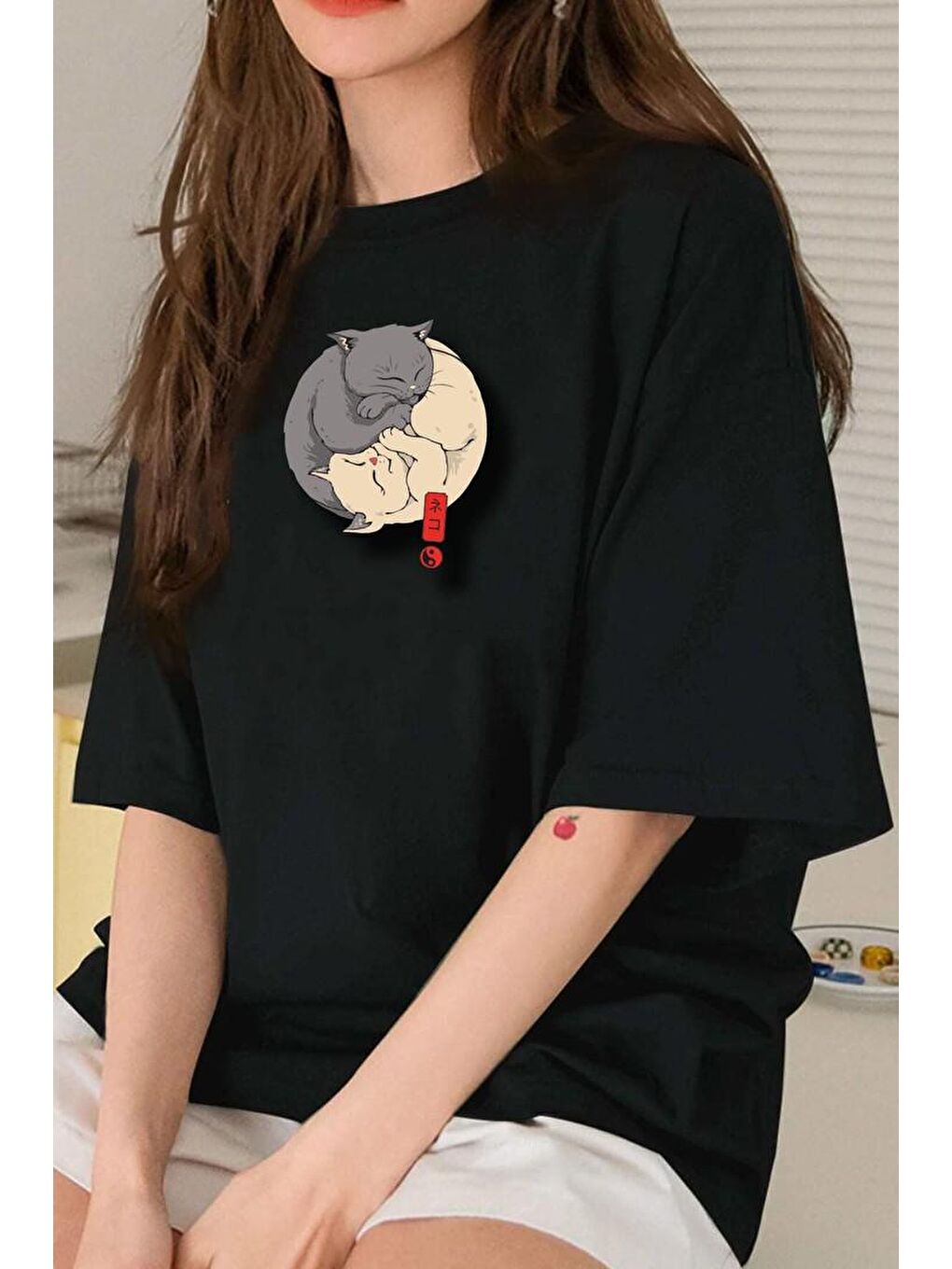 uyguntarz Siyah Unisex Kedi Baskılı T-shirt