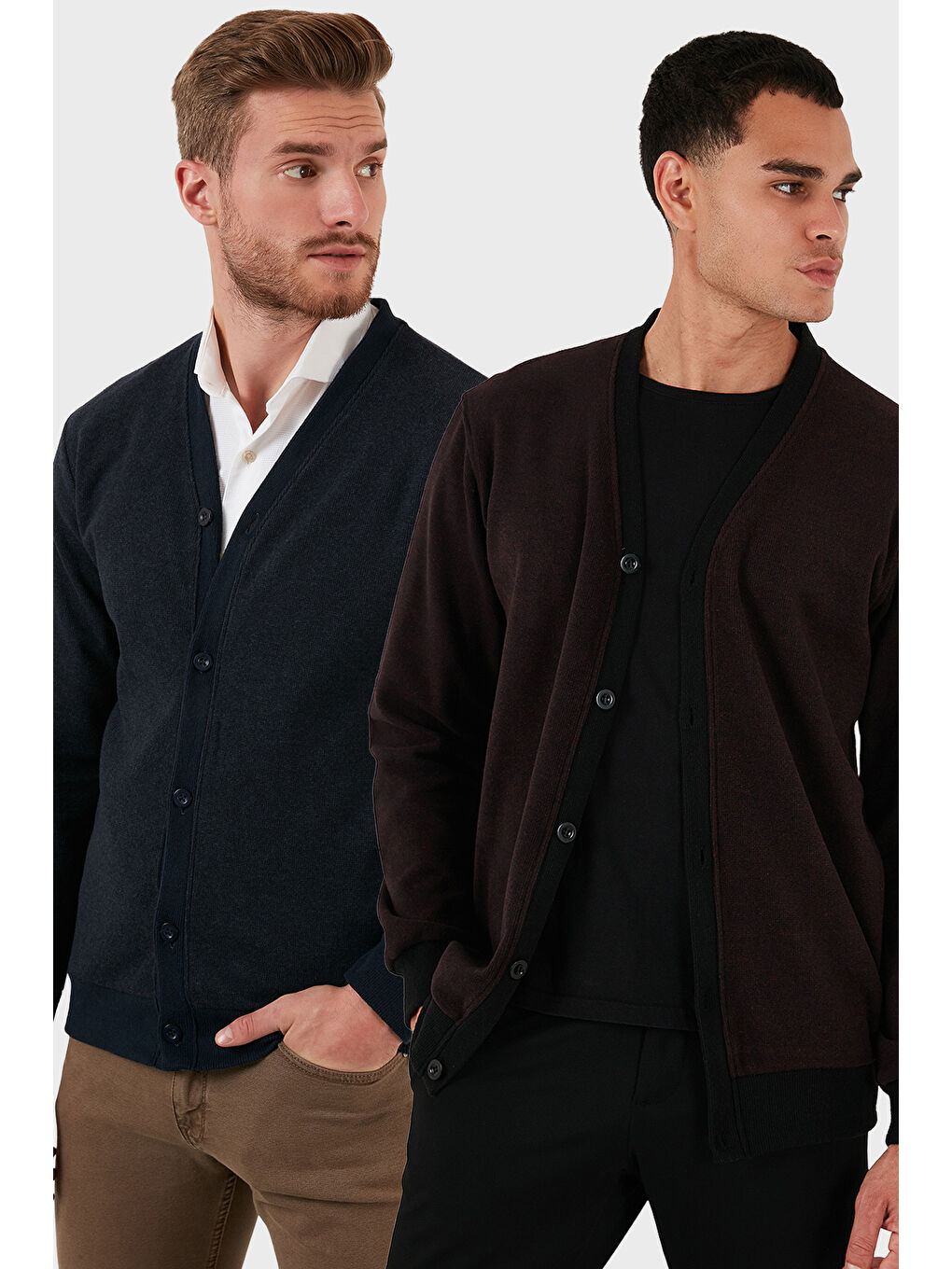 Bordo Pamuklu Regular Fit Düğmeli V Yaka 2'li Paket Hırka 456205S2