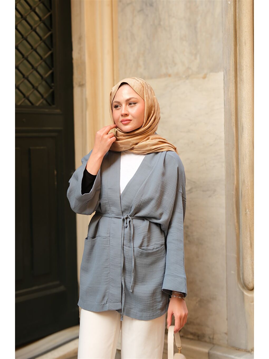 Kadın Cep Detaylı Keten Kimono İndigo Mavi