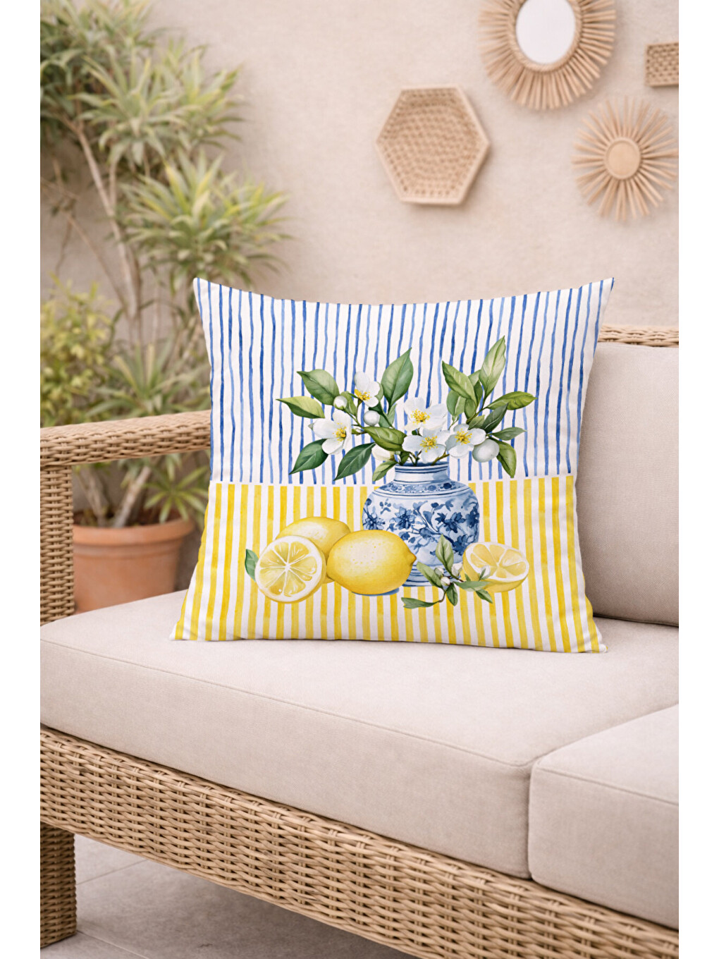Karışık Sarı Çizgili Vazoda Limon Desenli 4'lü Süet Kırlent Kılıfı Seti 43x43 cm-5