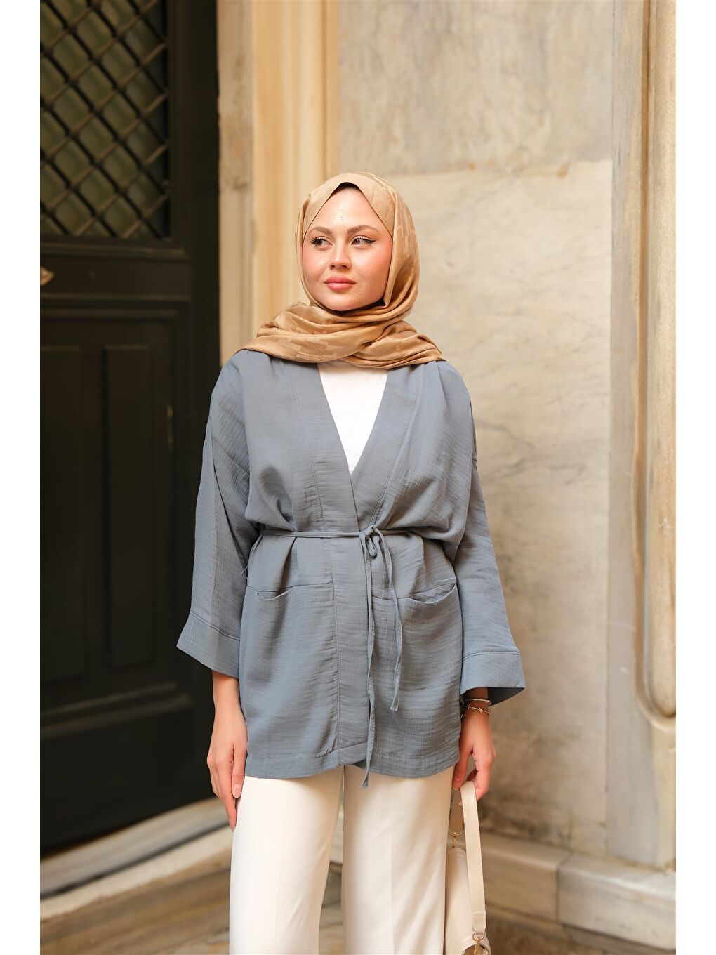 Kadın Cep Detaylı Keten Kimono İndigo Mavi-1