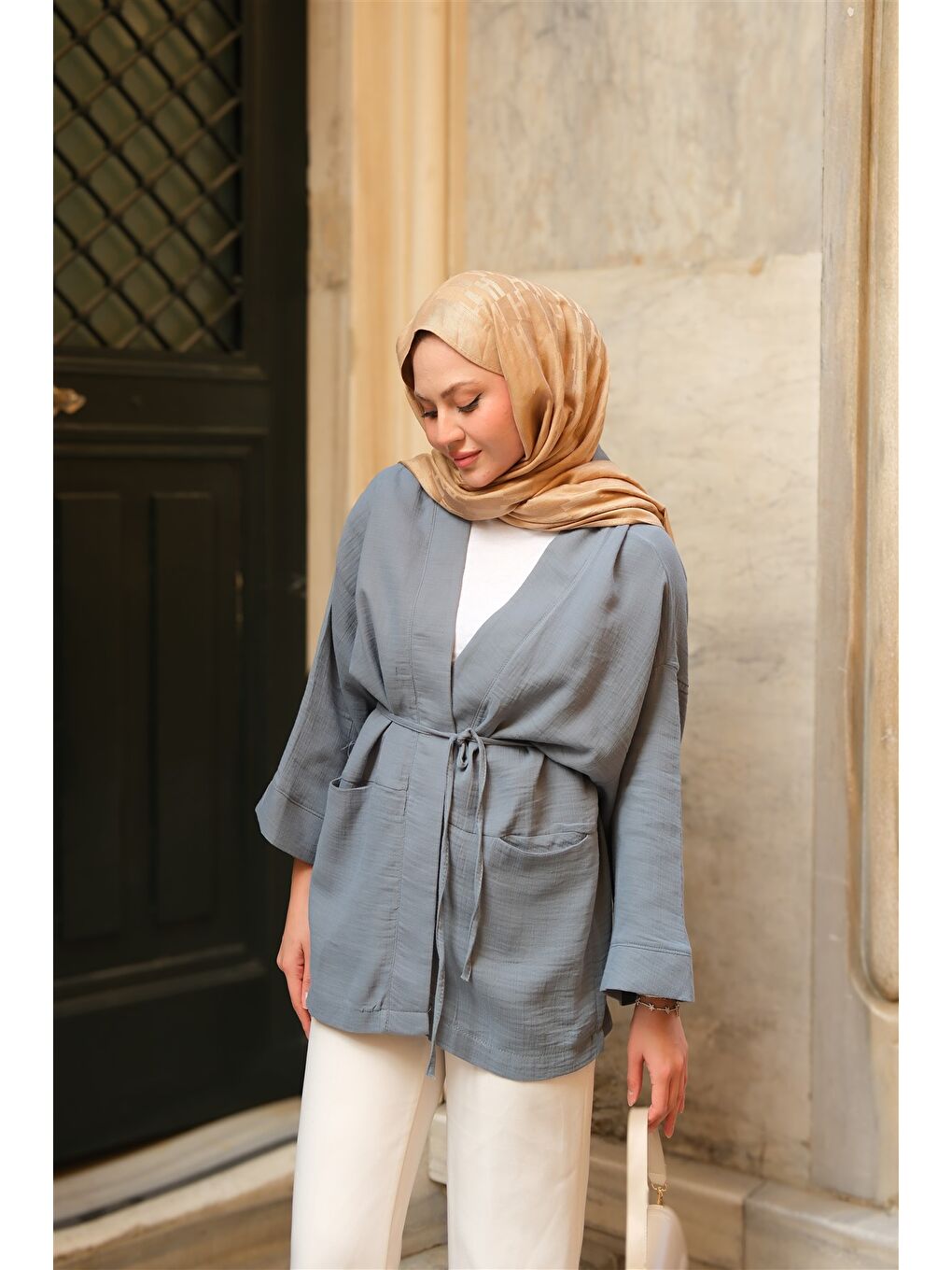 Kadın Cep Detaylı Keten Kimono İndigo Mavi-2