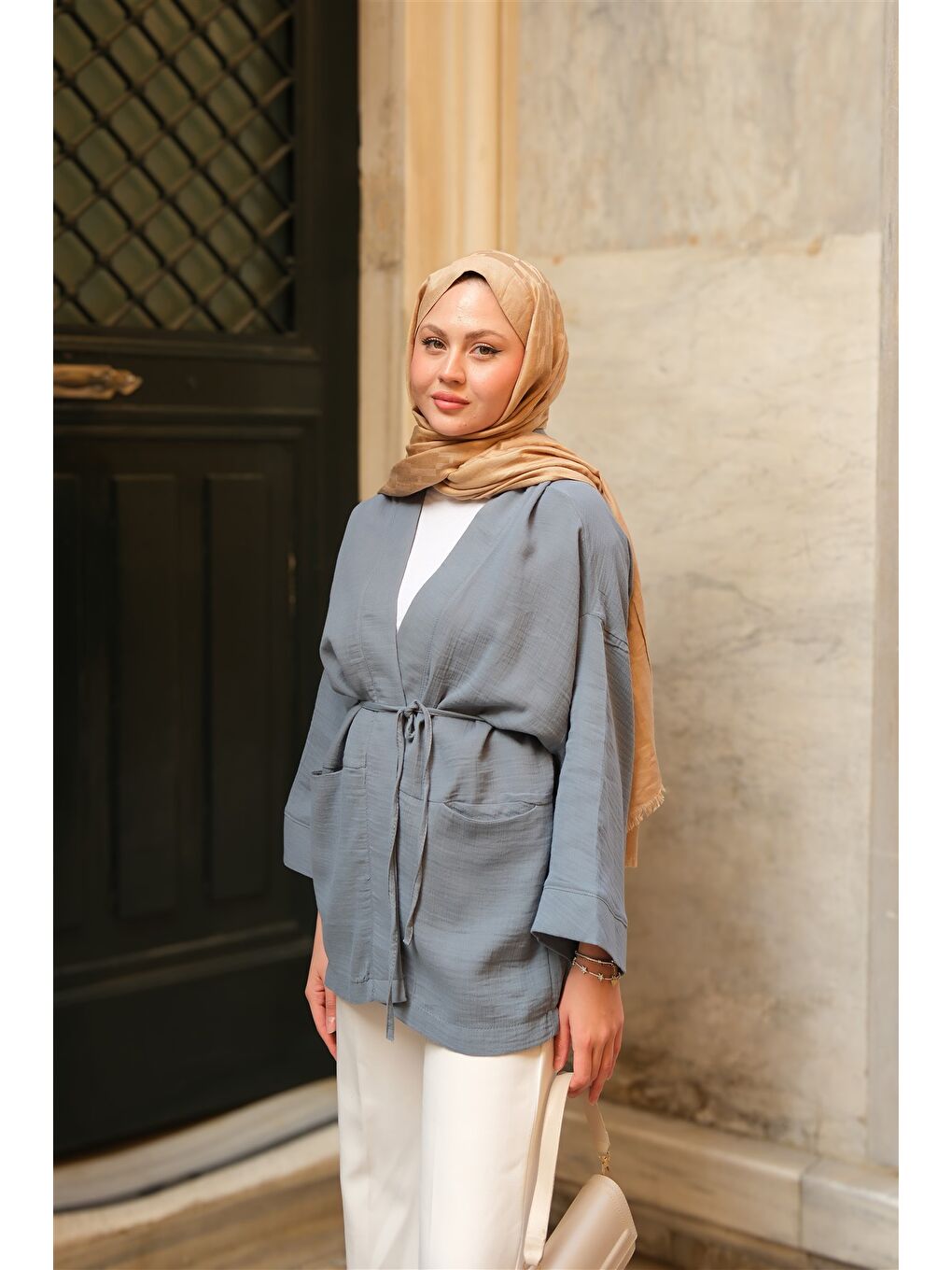 Kadın Cep Detaylı Keten Kimono İndigo Mavi-3