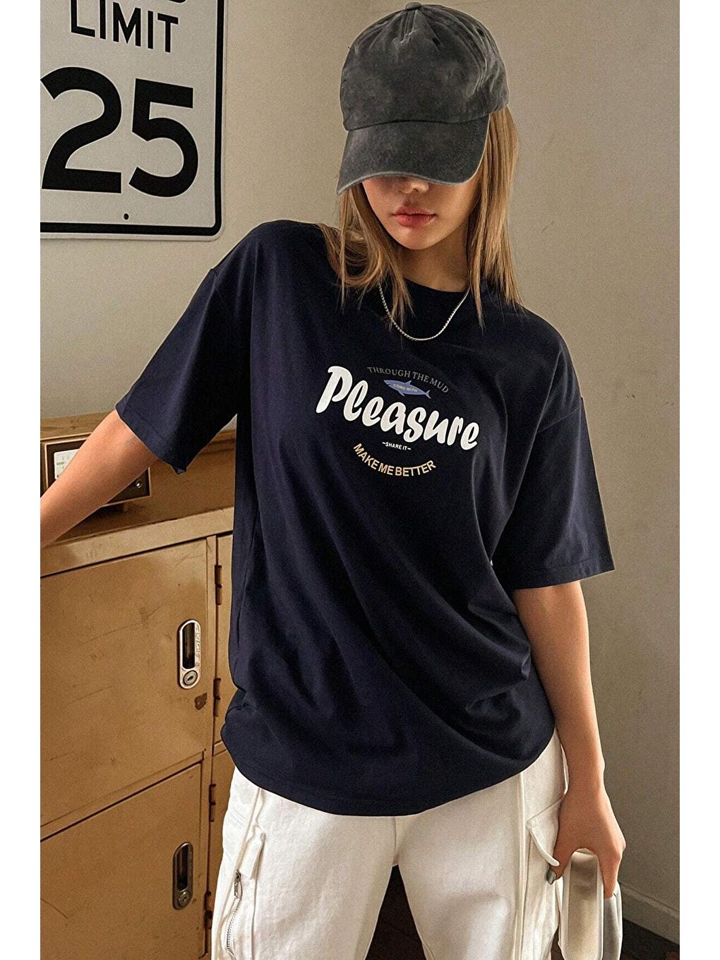 uyguntarz Lacivert Unisex Pleasure Baskılı Oversize Tshirt