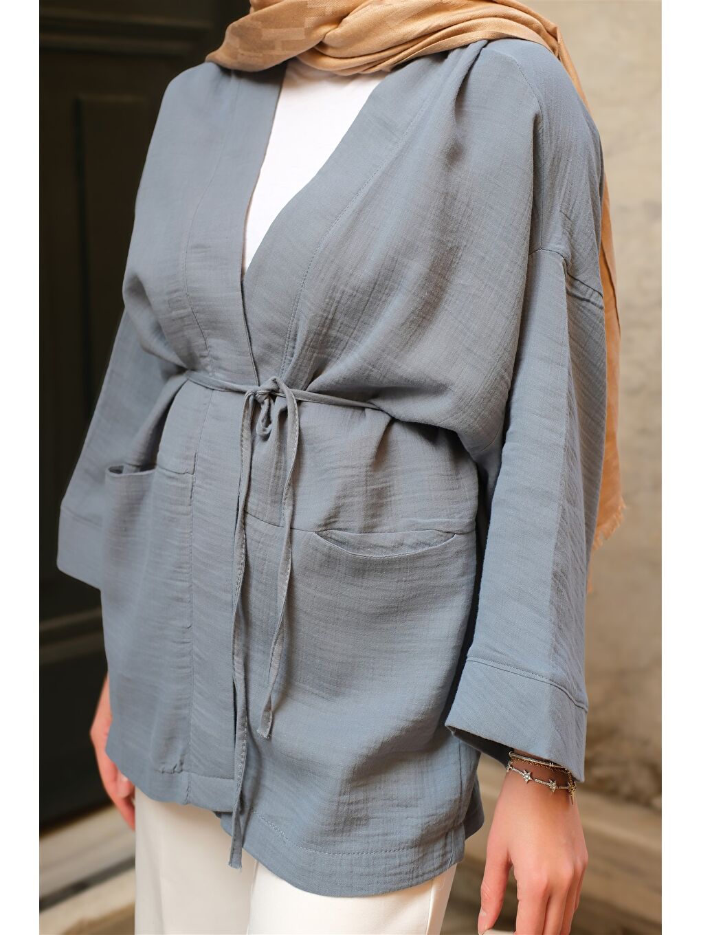 Kadın Cep Detaylı Keten Kimono İndigo Mavi-4