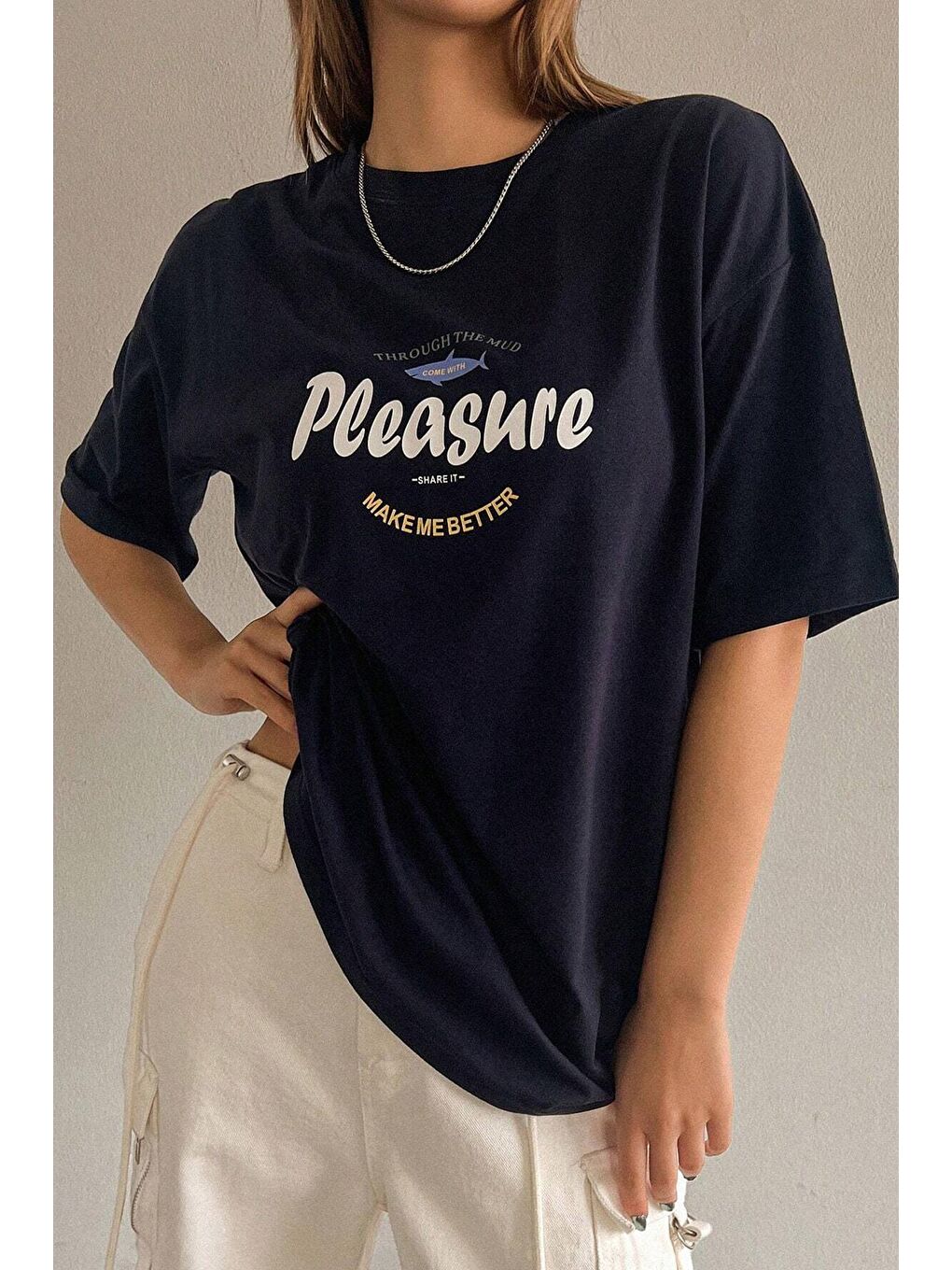 uyguntarz Lacivert Unisex Pleasure Baskılı Oversize Tshirt - 1