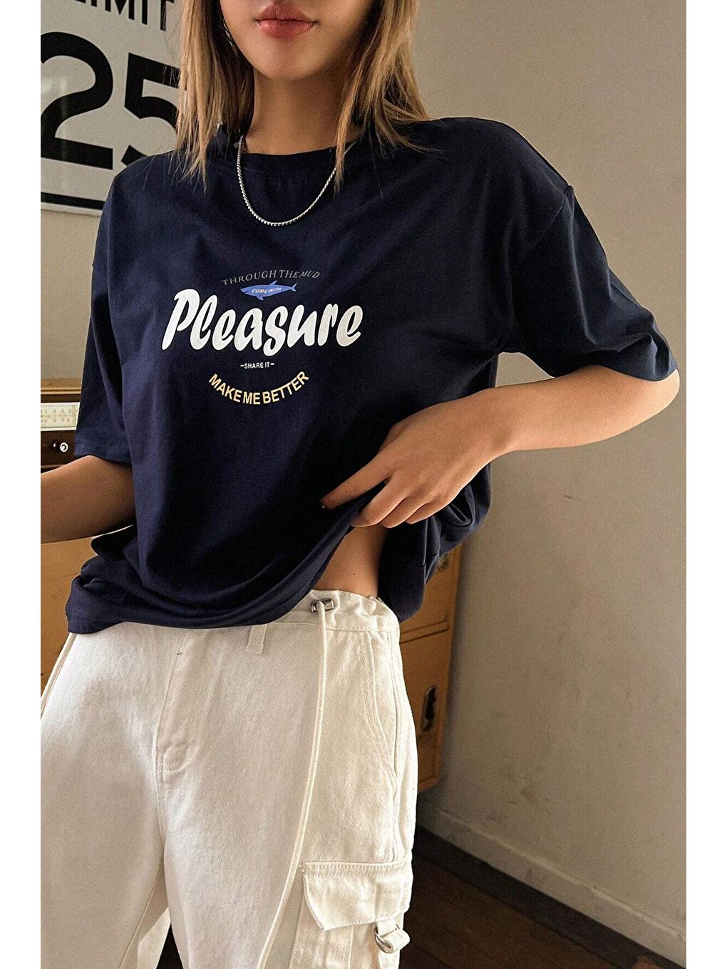 uyguntarz Lacivert Unisex Pleasure Baskılı Oversize Tshirt - 2