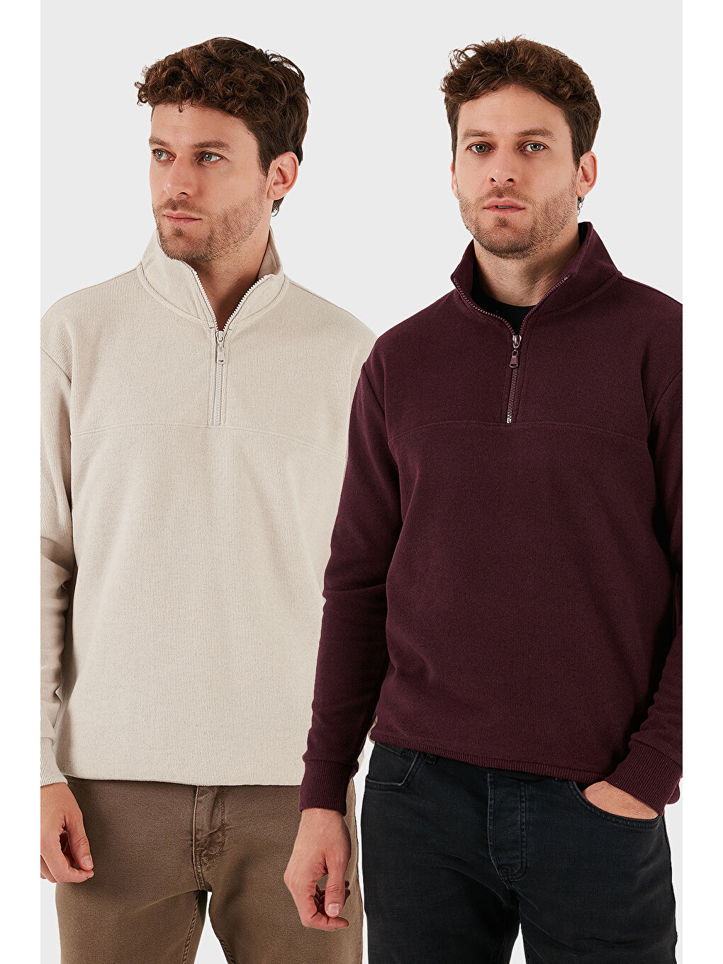 Bej Pamuklu Regular Fit Yarım Fermuarlı Dik Yaka 2'li Paket Kazak 456112S2