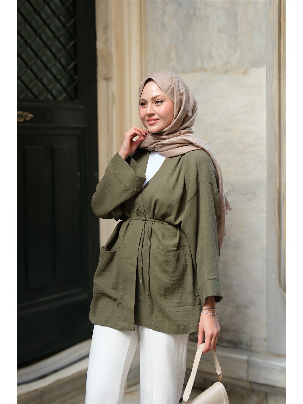 Kadın Cep Detaylı Keten Kimono Haki Yeşil-3