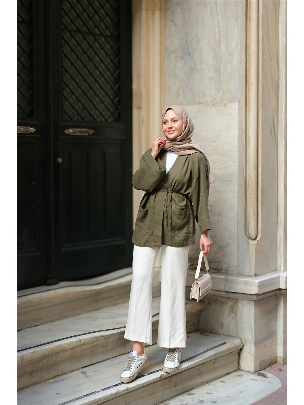 Kadın Cep Detaylı Keten Kimono Haki Yeşil-4