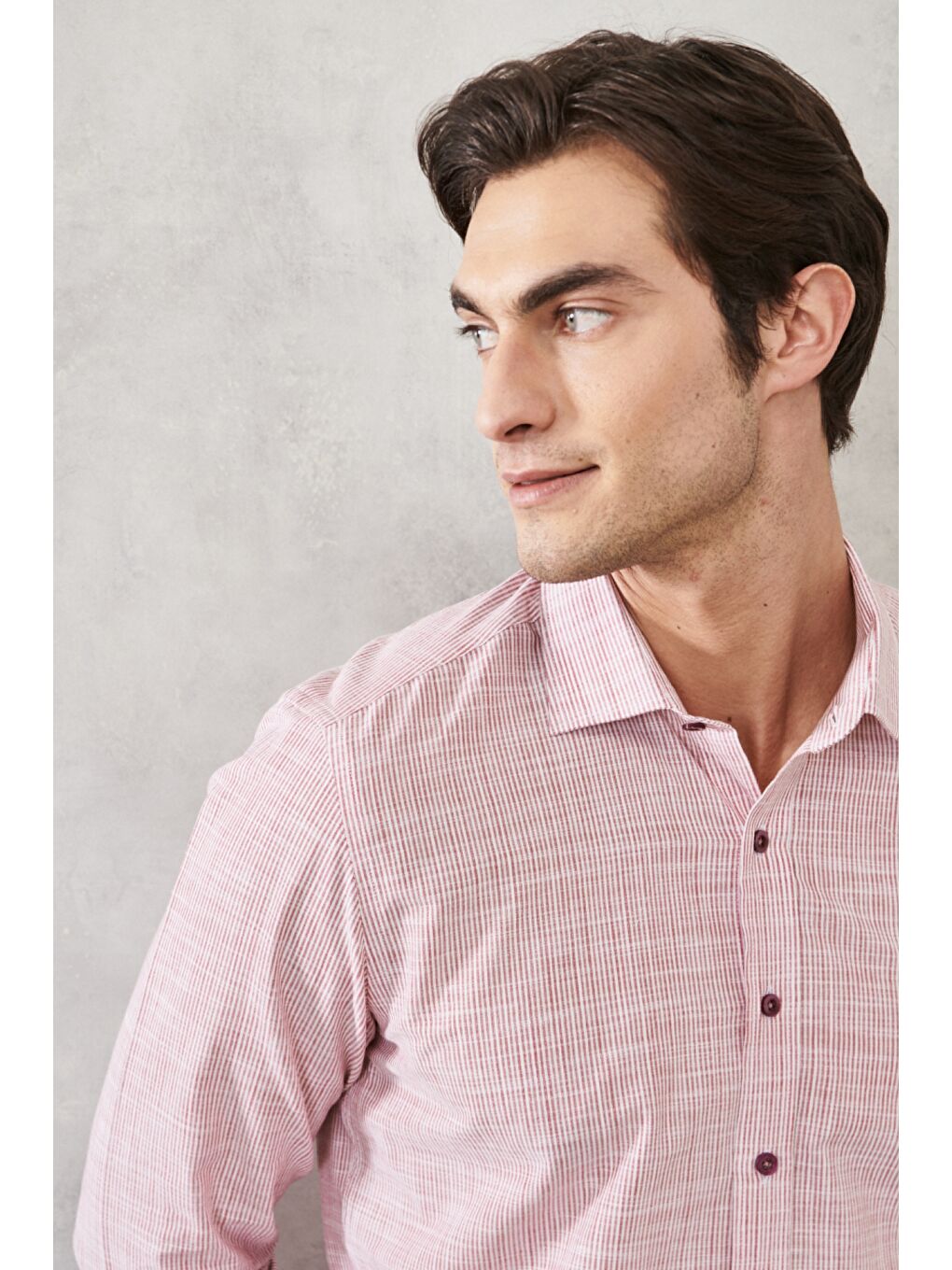 Erkek Bordo Slim Fit Dar Kesim %100 Pamuk Klasik Yaka Çizgili Gömlek-2