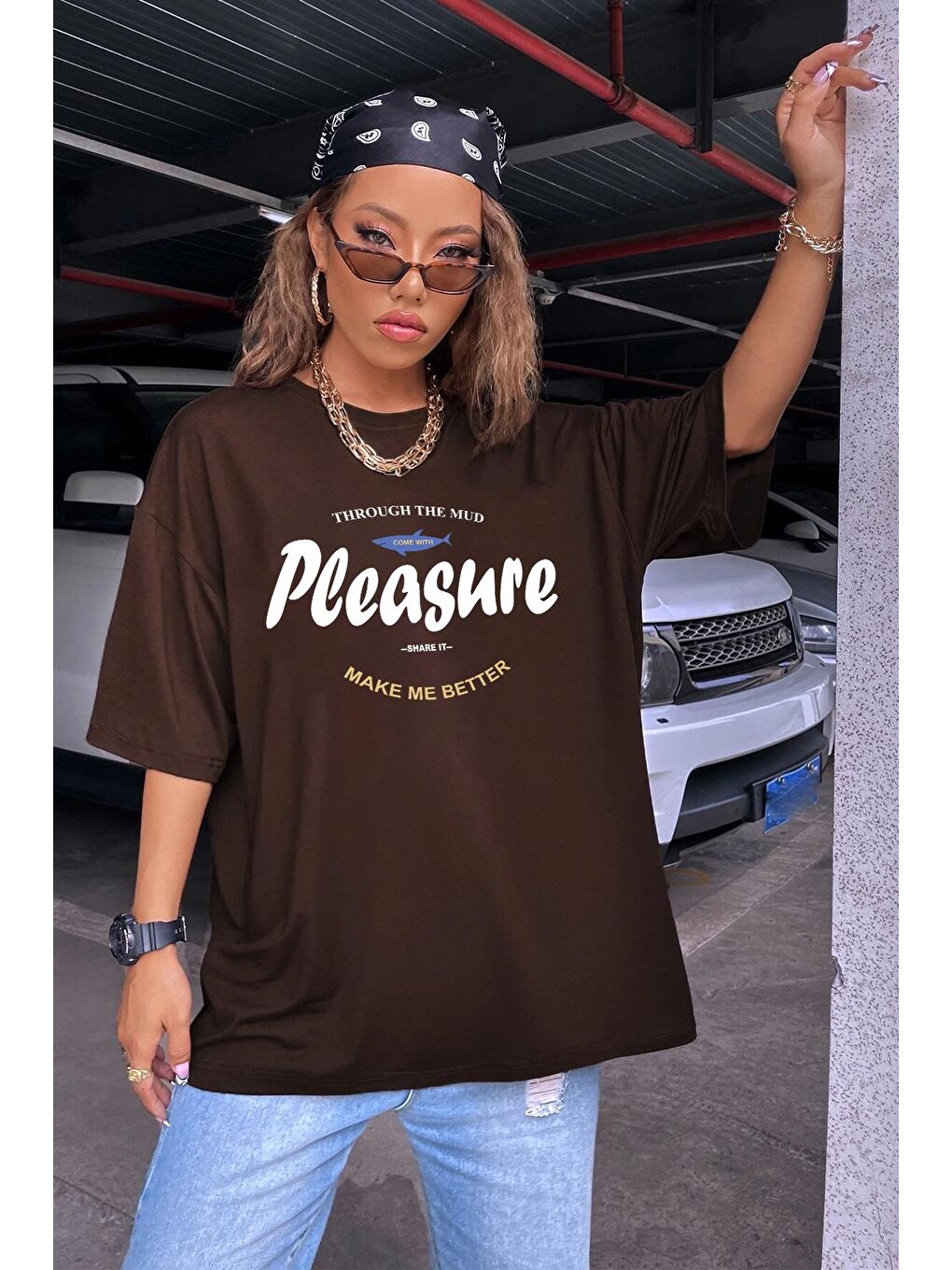 uyguntarz Kahverengi Unisex Pleasure Baskılı Oversize Tshirt