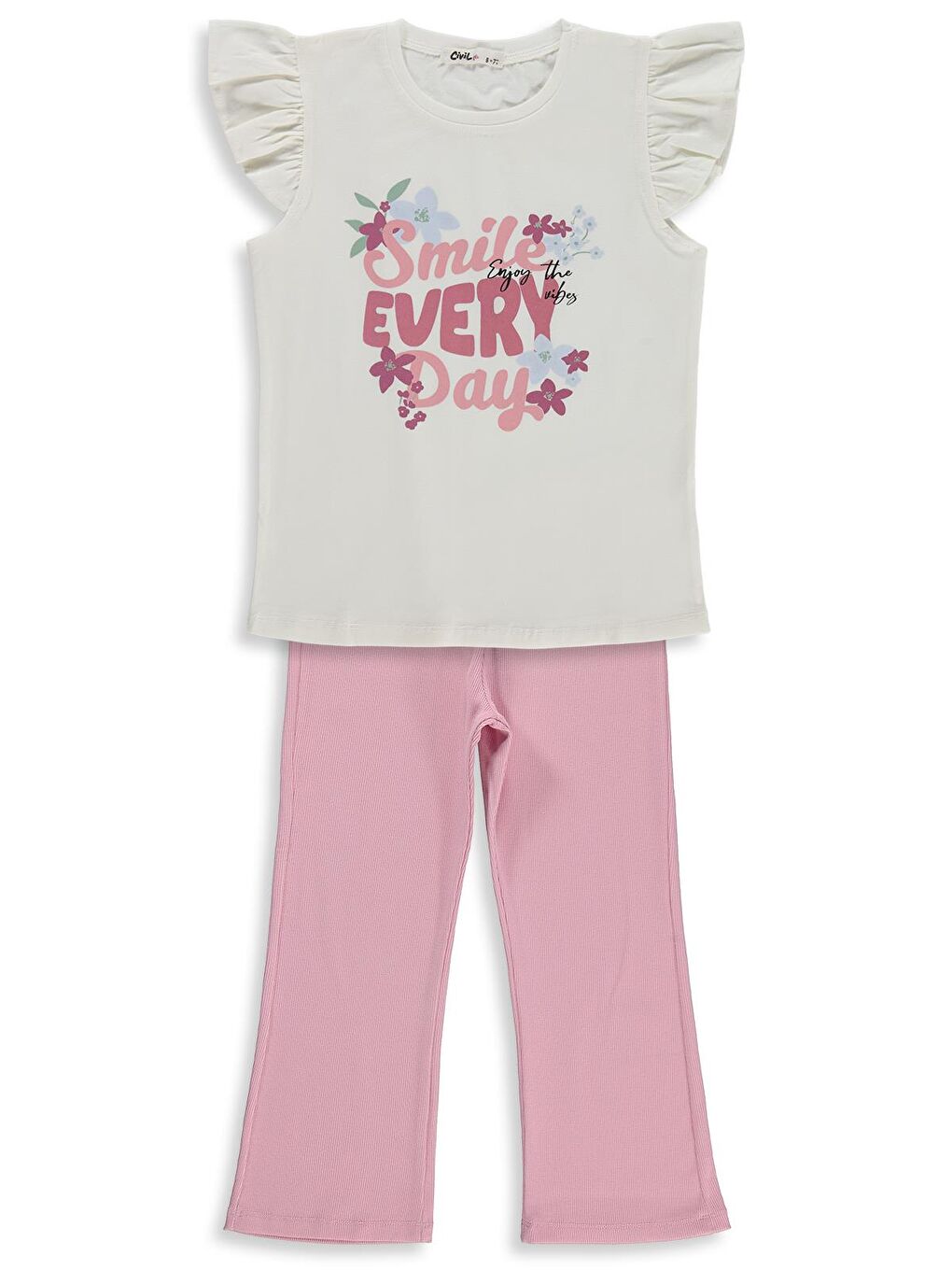 Girls Kız Çocuk Smile Baskılı 6-9 Yaş Takım - Kırık Beyaz-Koyu Pembe
