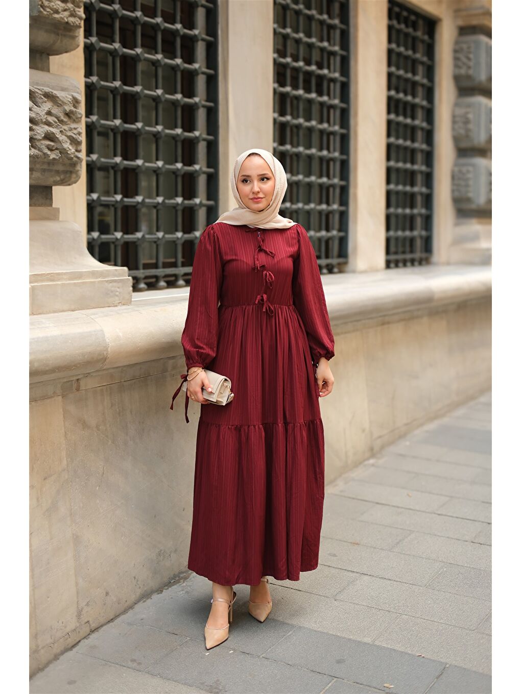 Locco Moda Kadın Bel Büzgülü Elbise Bordo