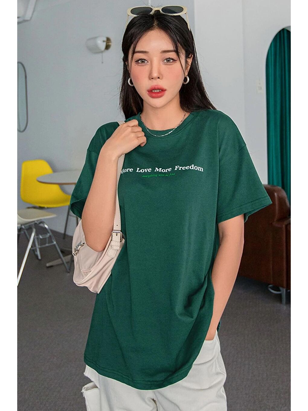 uyguntarz Yeşil Unisex More Love Baskılı Oversize Tshirt