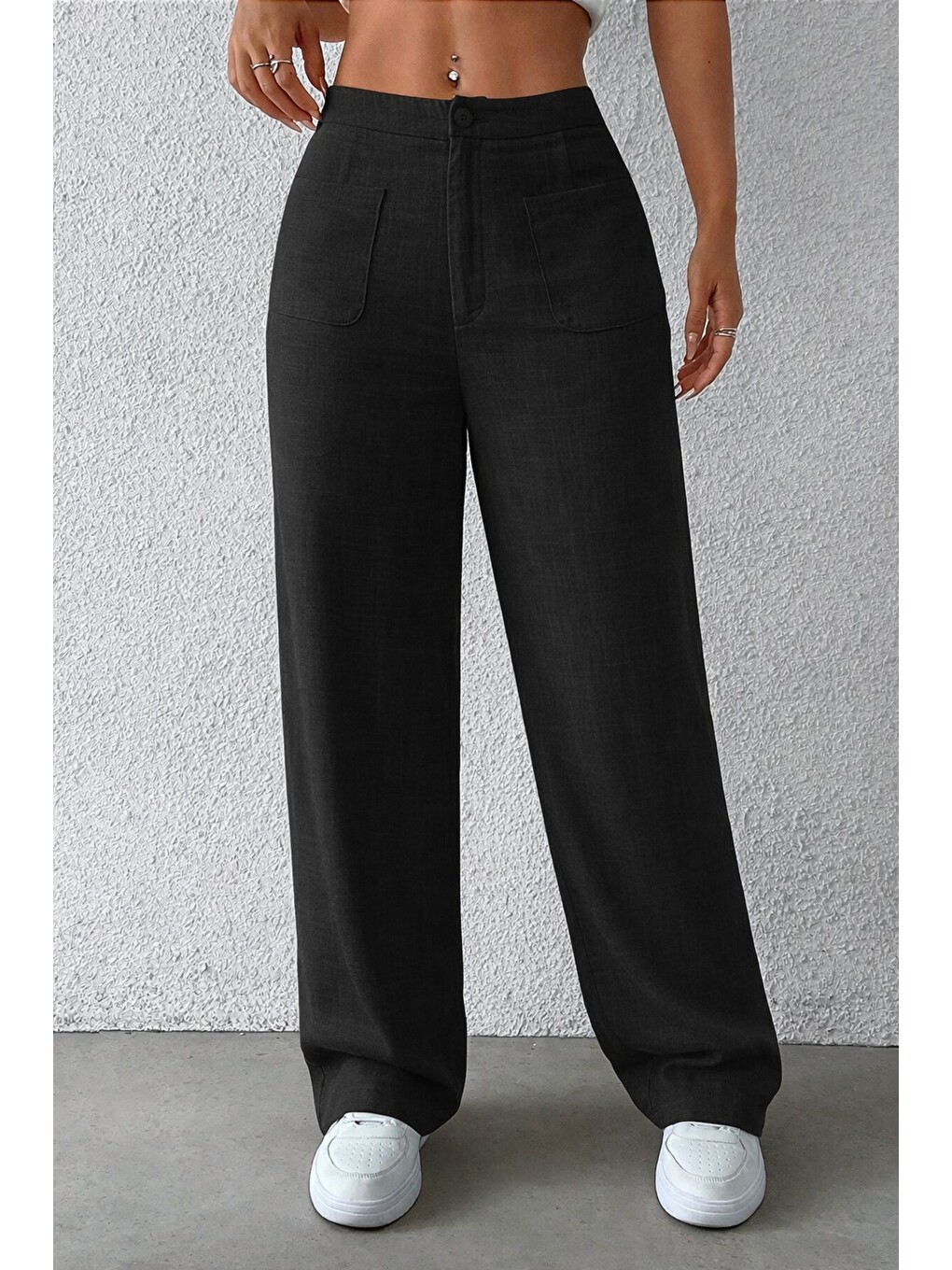 Siyah Kadın Wide Leg Pantolon Ön Cep Detaylı Rahat Kalıp Günlük Pantolon-4