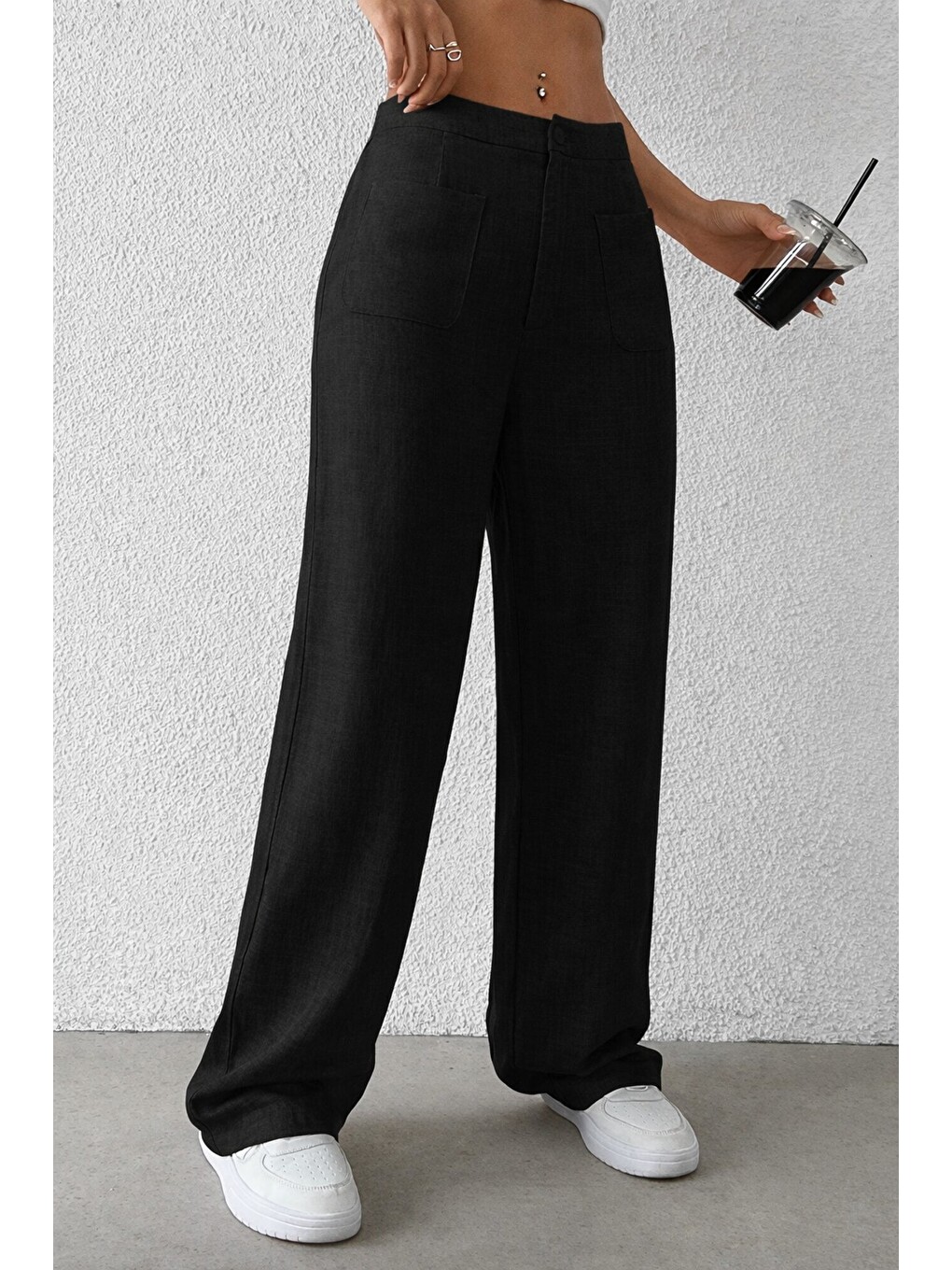 Siyah Kadın Wide Leg Pantolon Ön Cep Detaylı Rahat Kalıp Günlük Pantolon-5