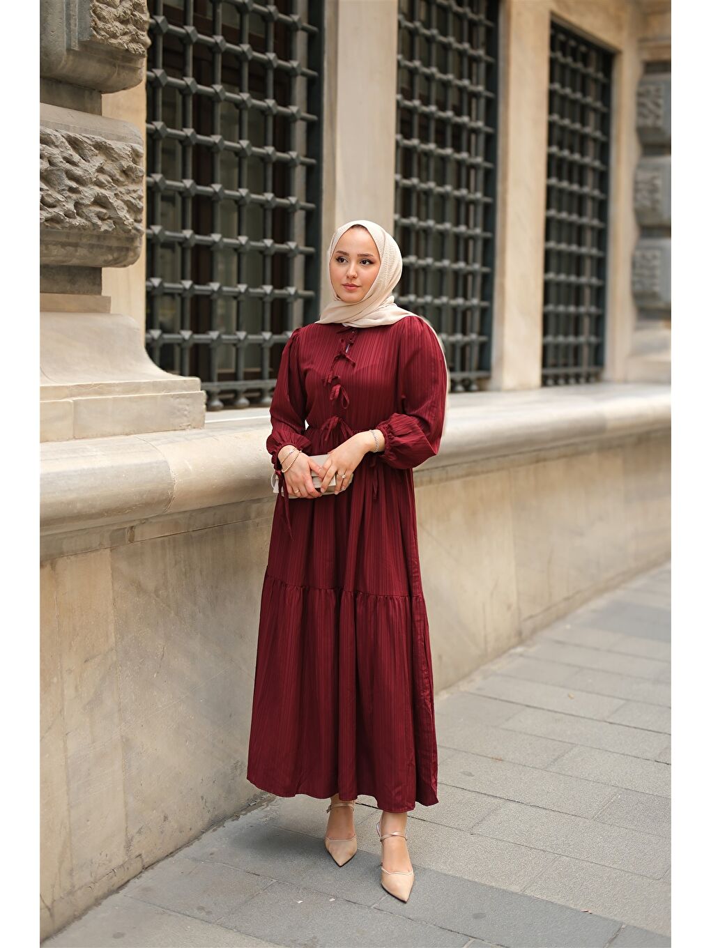 Locco Moda Kadın Bel Büzgülü Elbise Bordo - 1