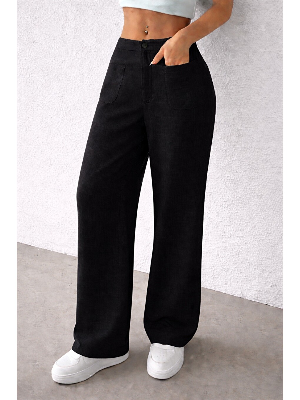 Siyah Kadın Wide Leg Pantolon Ön Cep Detaylı Rahat Kalıp Günlük Pantolon-6