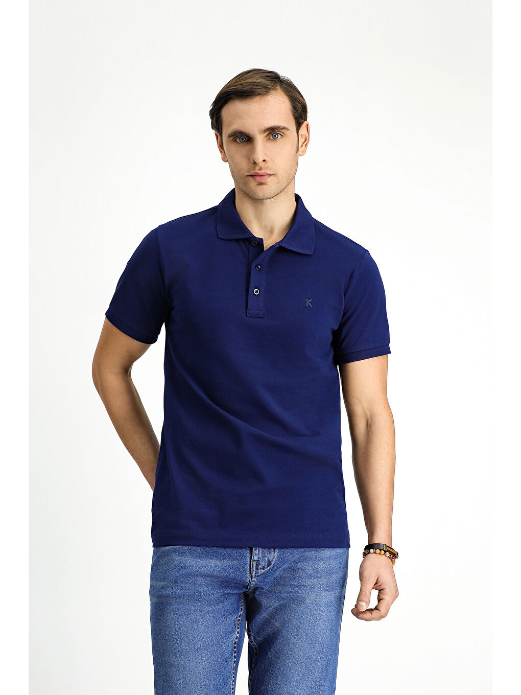 Lacivert Slim Fit Dar Kesim Pamuk Kıvrılmaz Polo Yaka %100 Pamuk Tişört
