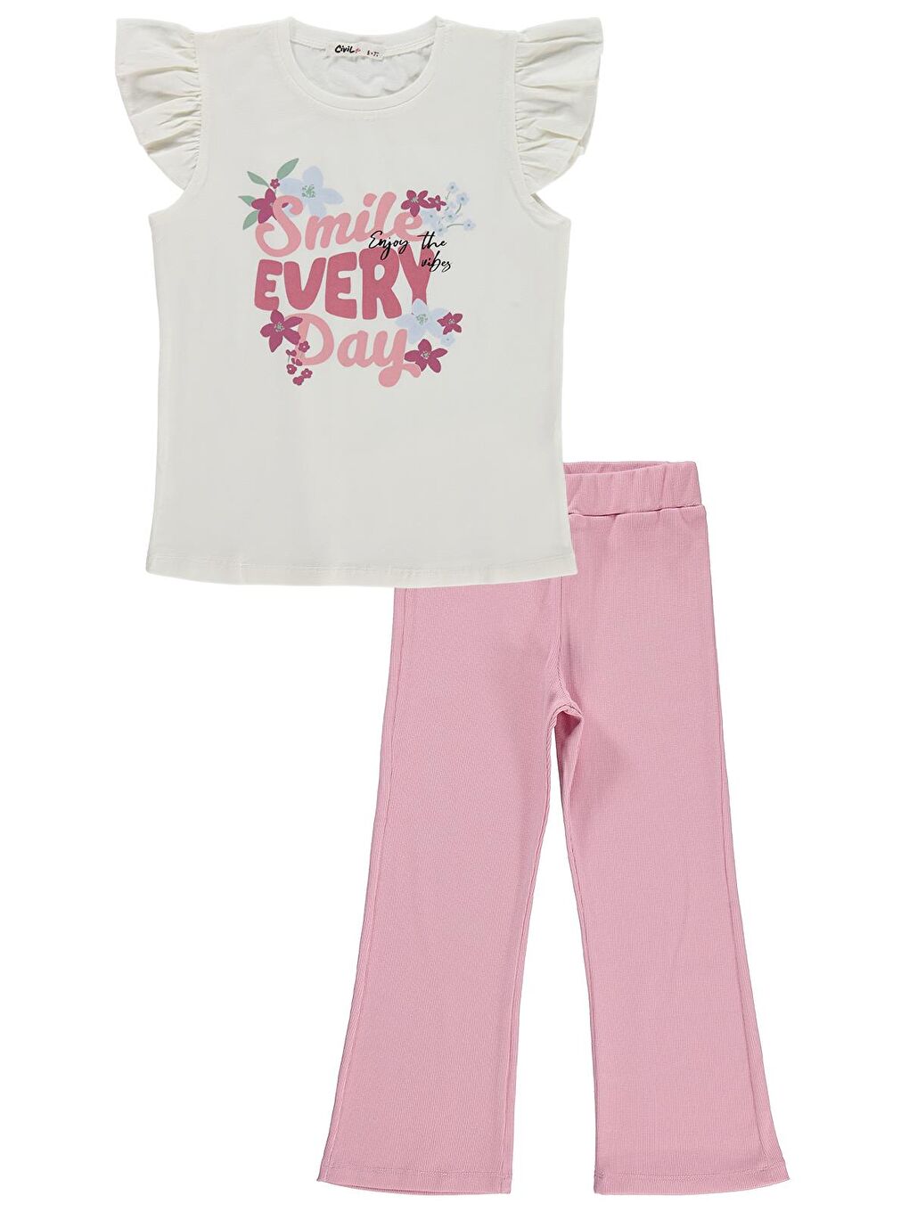 Girls Kız Çocuk Smile Baskılı 6-9 Yaş Takım - Kırık Beyaz-Koyu Pembe-1