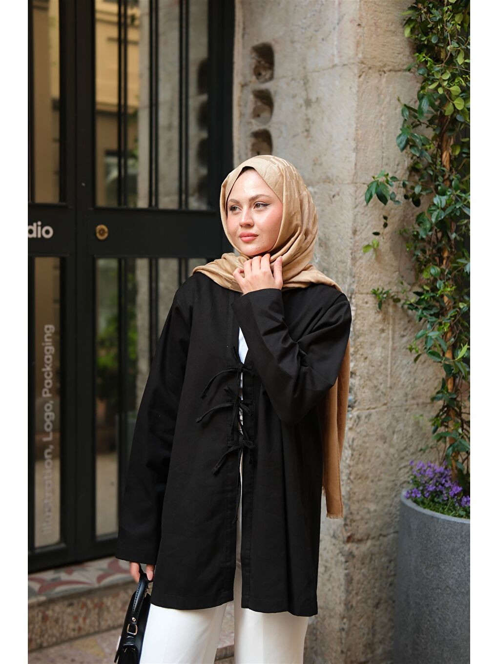 Kadın Önü Bağlamalı Oversize Kimono Siyah