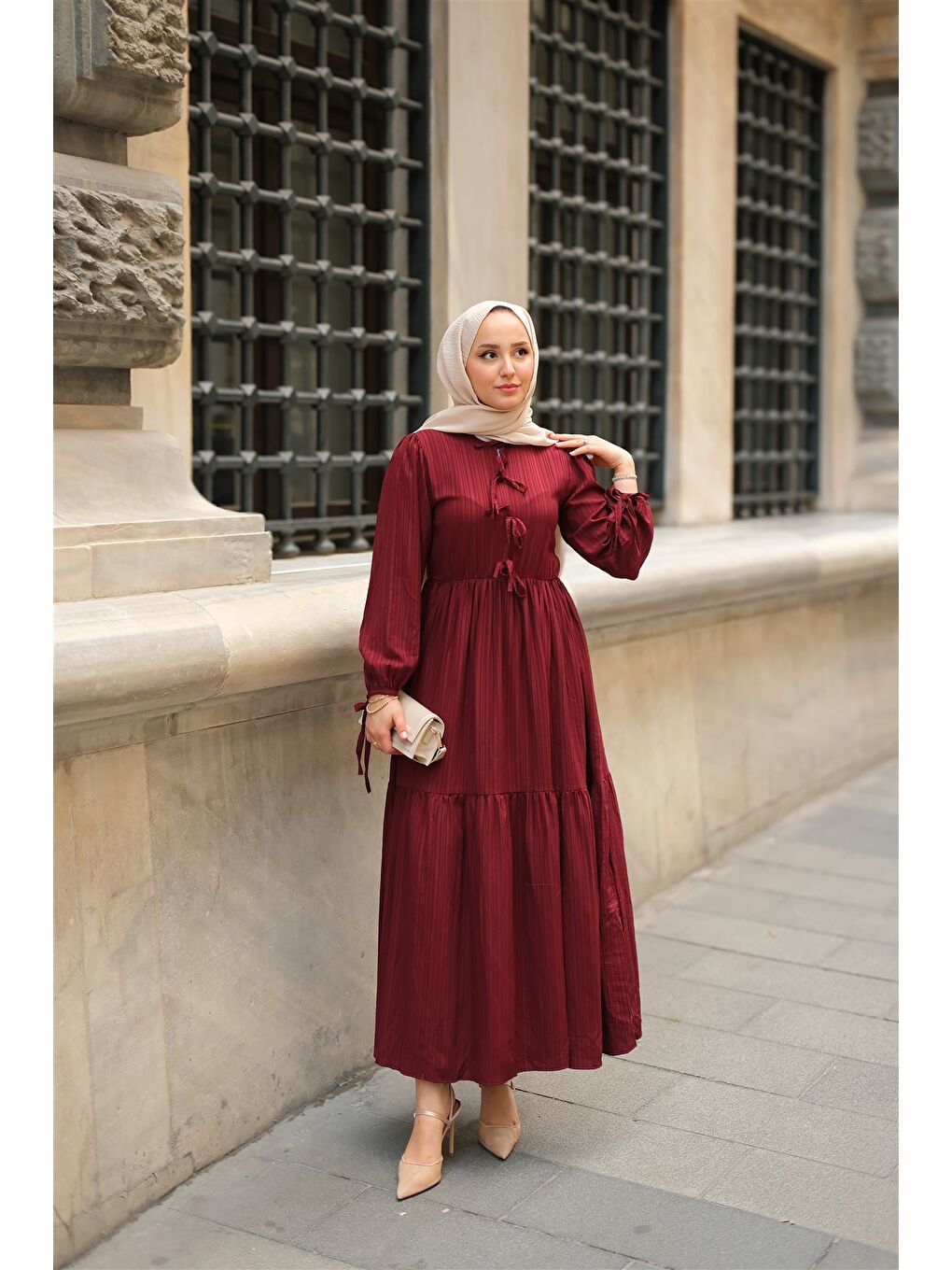 Locco Moda Kadın Bel Büzgülü Elbise Bordo - 2
