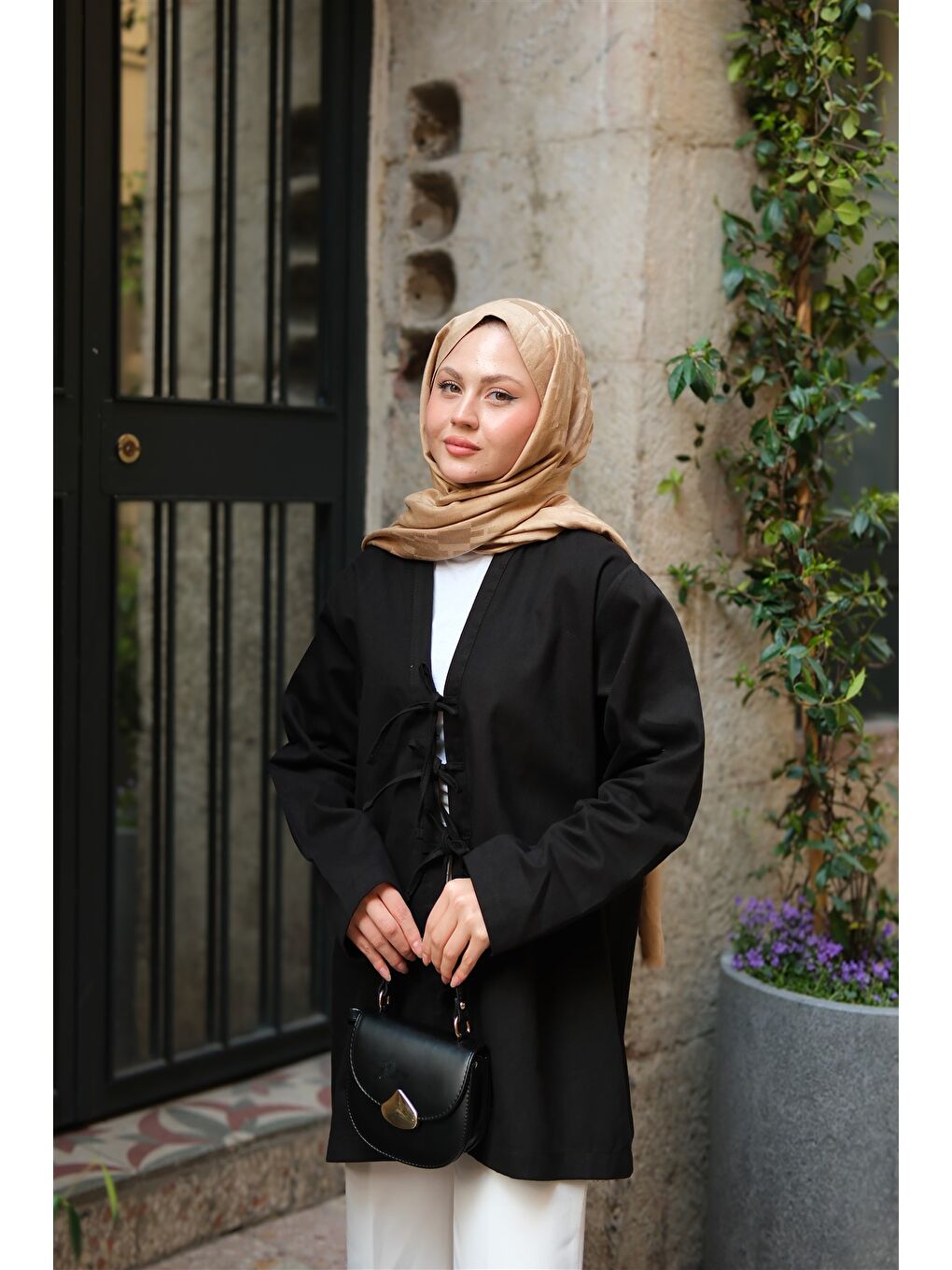 Kadın Önü Bağlamalı Oversize Kimono Siyah-1