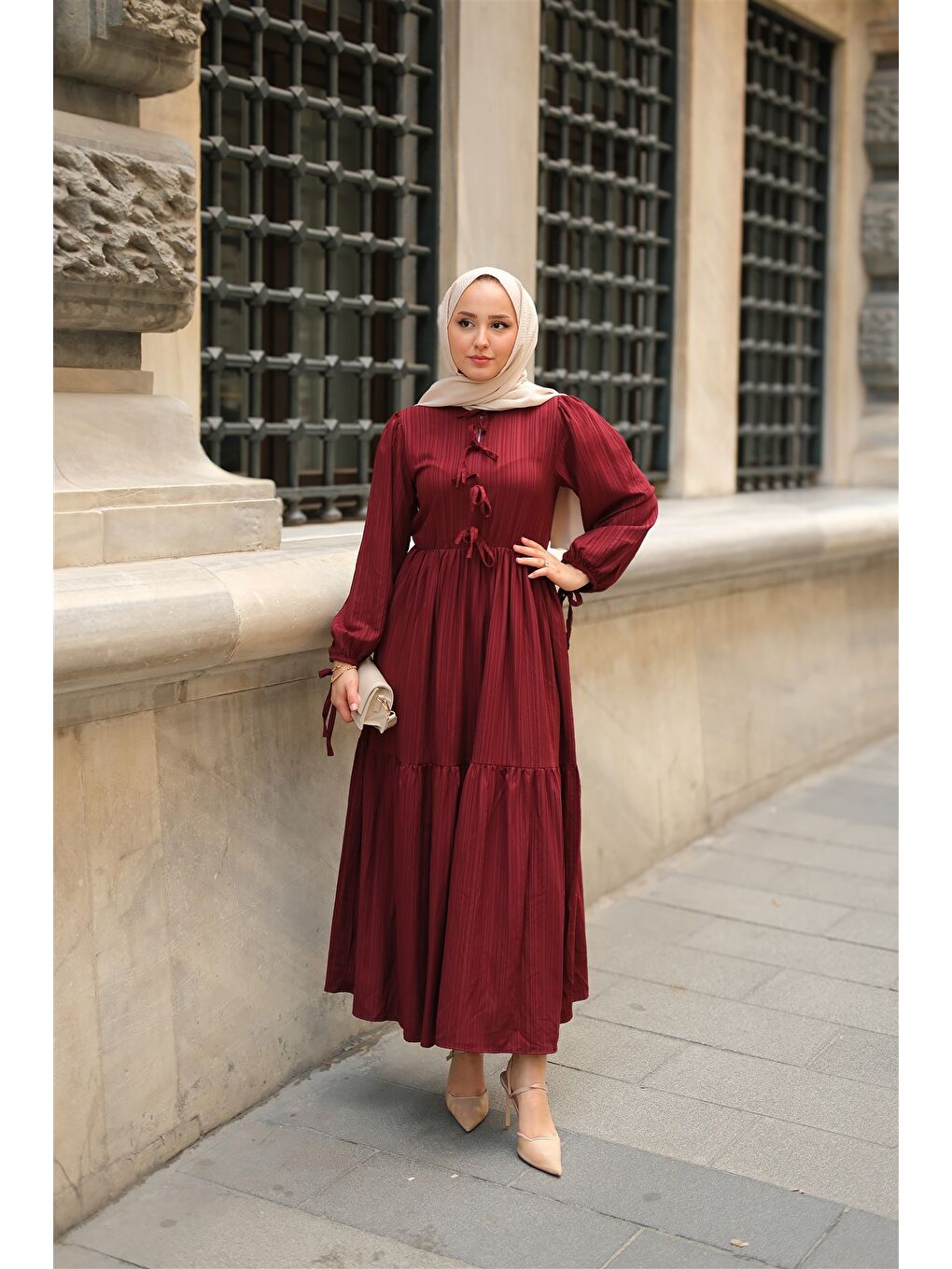 Locco Moda Kadın Bel Büzgülü Elbise Bordo - 3