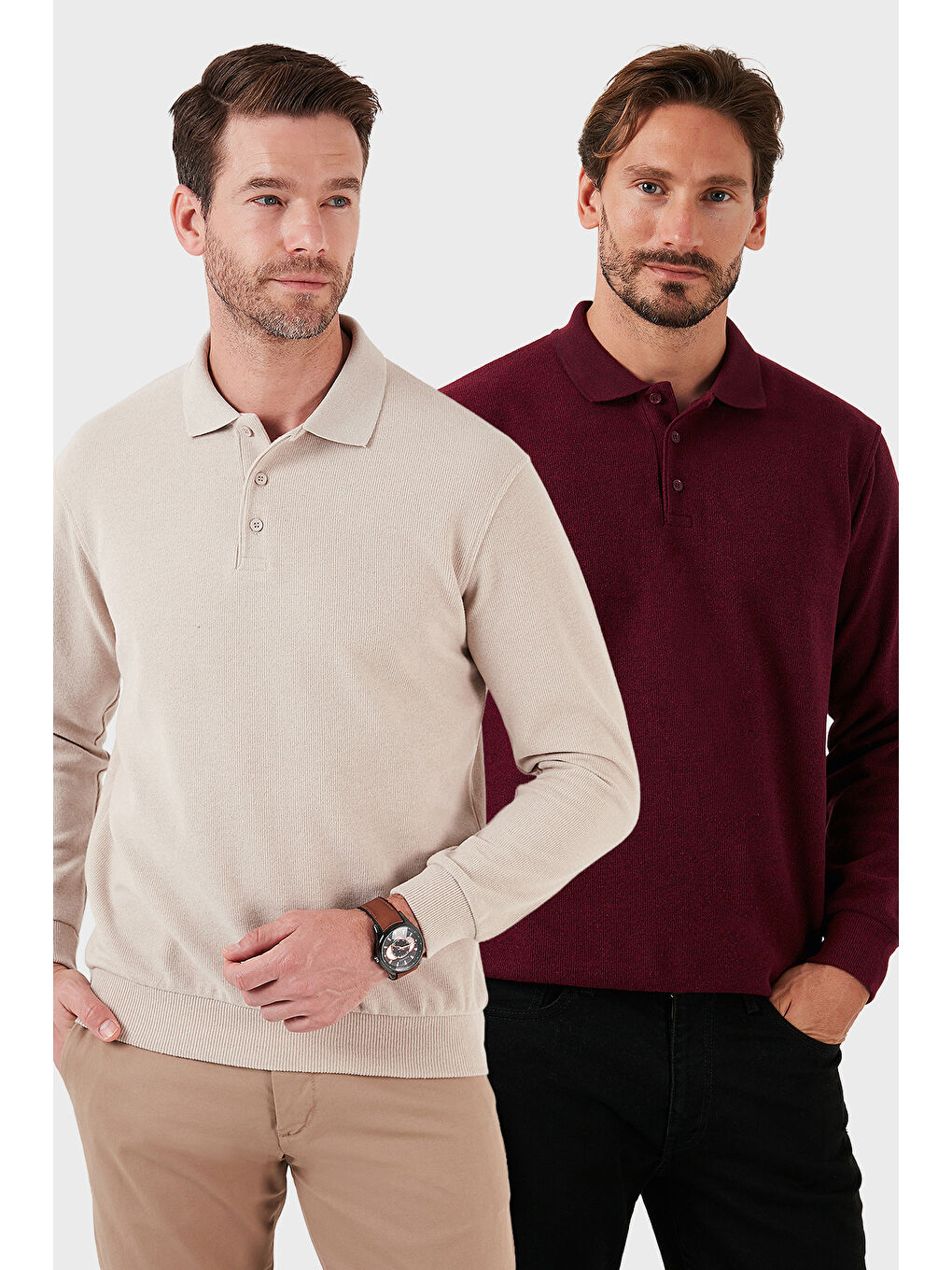 Bej Pamuk Karışımlı Regular Fit 2'li Paket Polo Yaka Kazak 456223S2