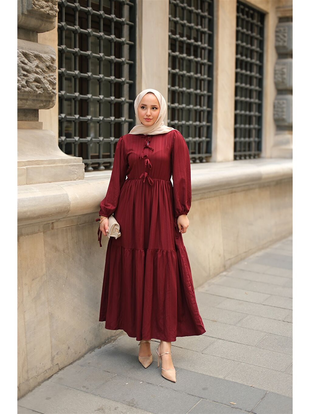 Locco Moda Kadın Bel Büzgülü Elbise Bordo - 4