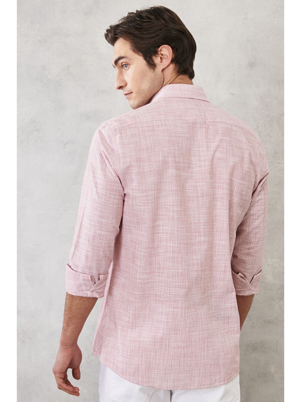 Erkek Bordo Slim Fit Dar Kesim %100 Pamuk Klasik Yaka Çizgili Gömlek-3