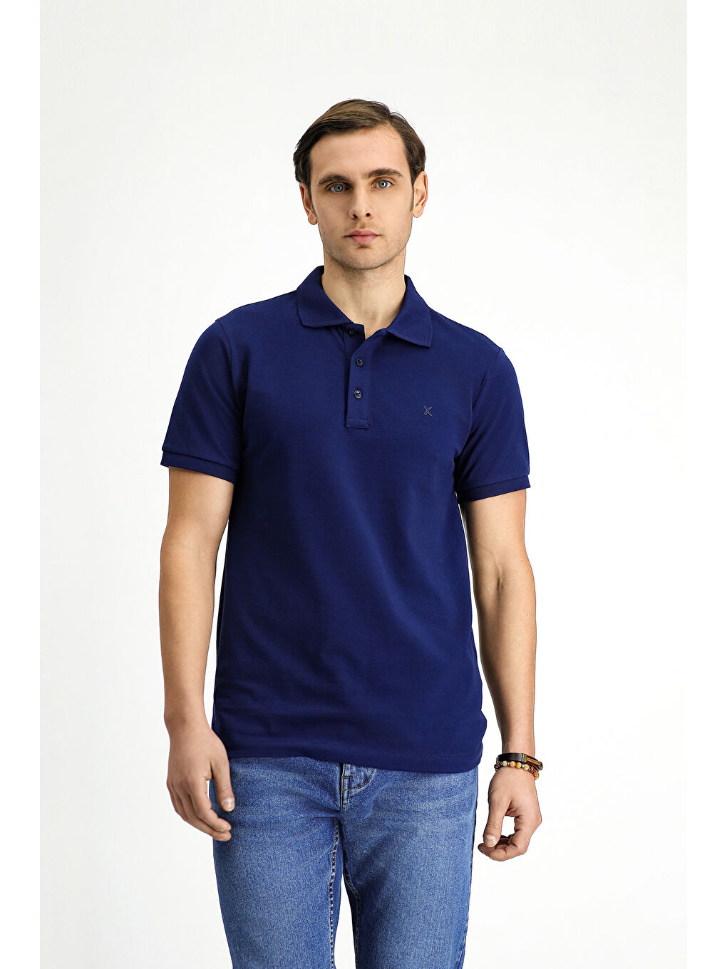 Lacivert Slim Fit Dar Kesim Pamuk Kıvrılmaz Polo Yaka %100 Pamuk Tişört-5