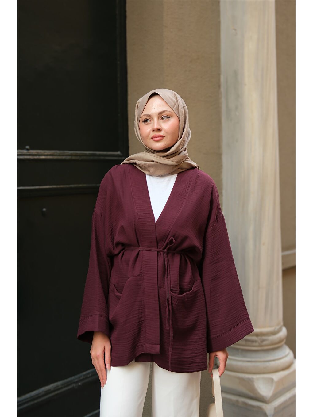 Kadın Cep Detaylı Keten Kimono Mürdüm