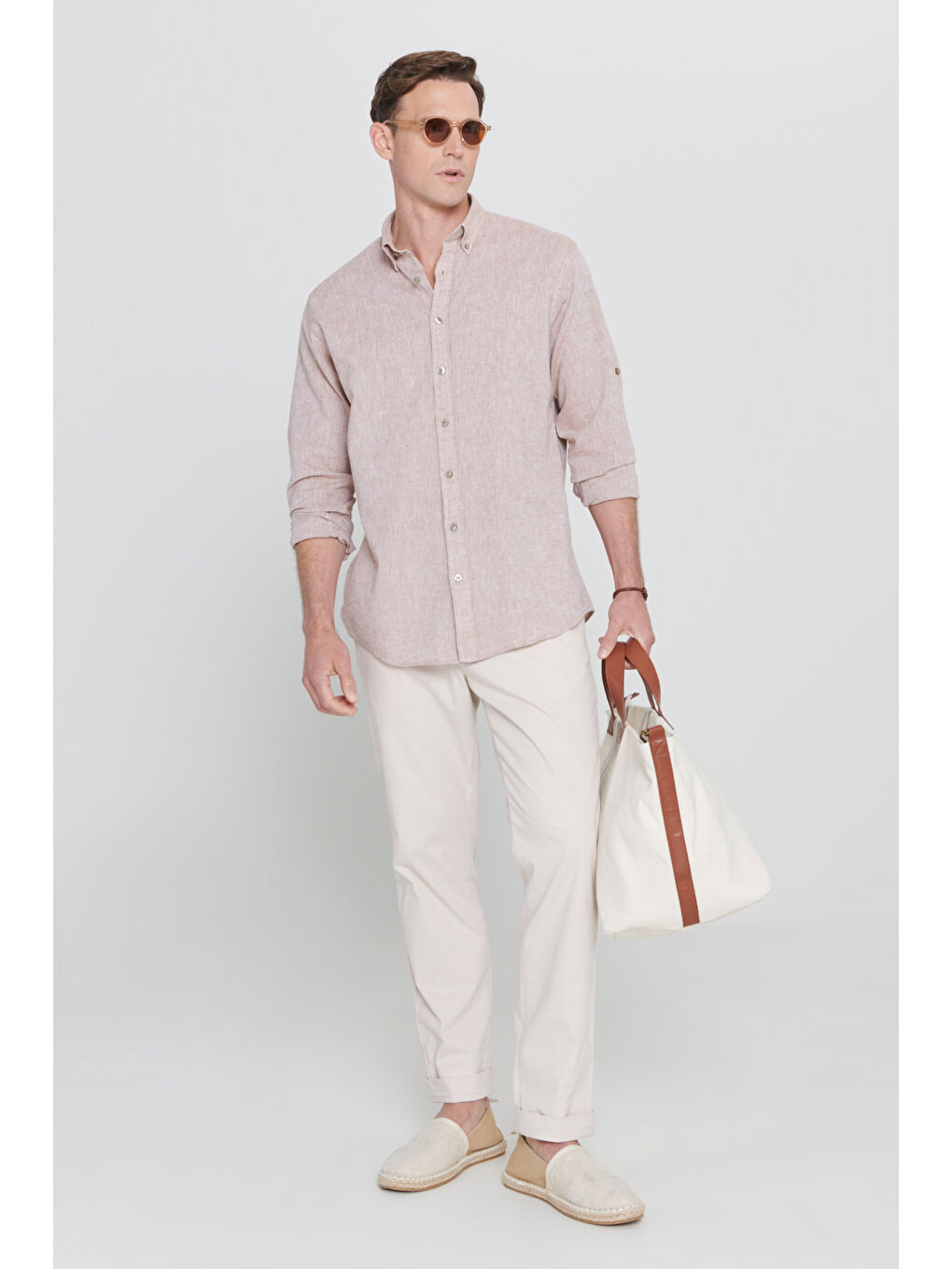 Kahverengi Erkek Camel Comfort Fit Rahat Kesim Düğmeli Yaka Casual Keten Gömlek-1