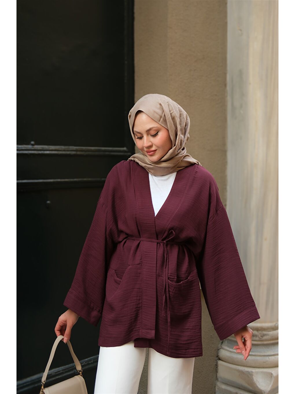 Kadın Cep Detaylı Keten Kimono Mürdüm-1