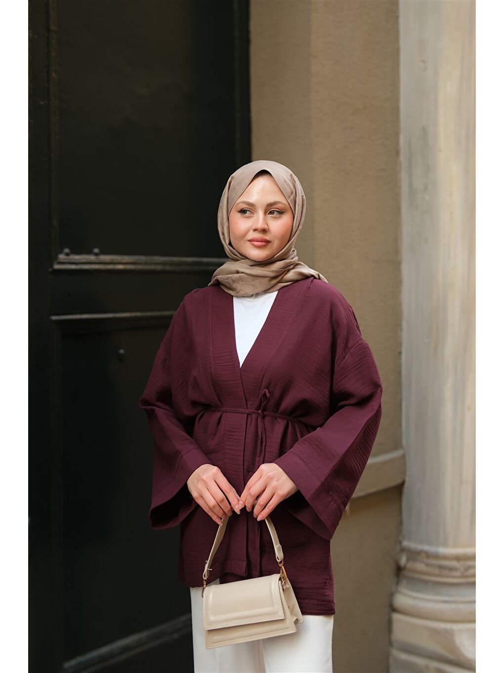 Kadın Cep Detaylı Keten Kimono Mürdüm-2