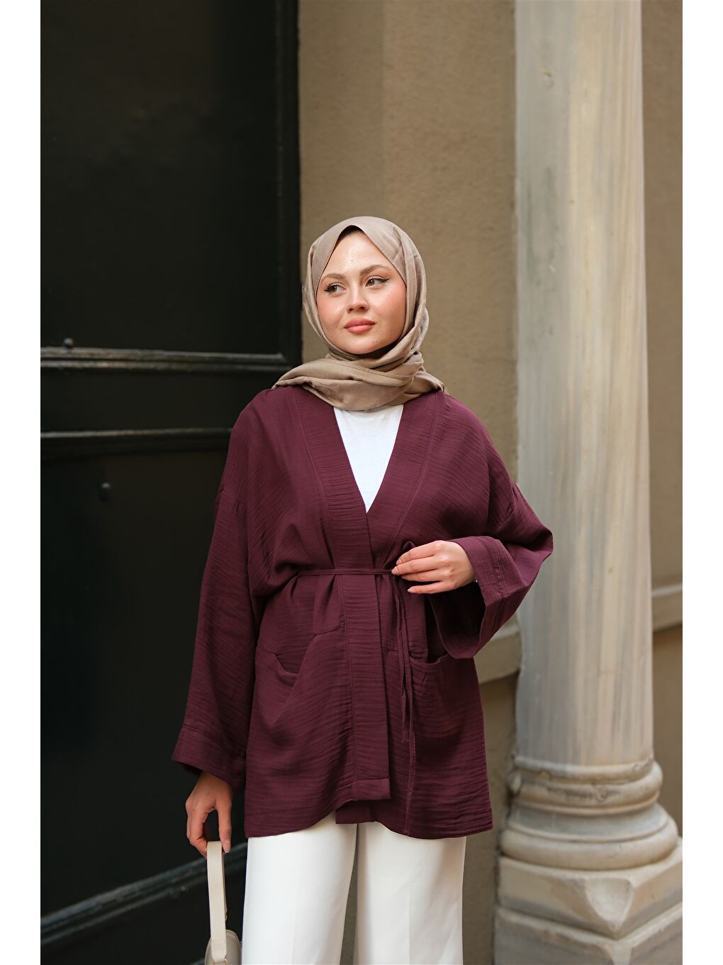 Kadın Cep Detaylı Keten Kimono Mürdüm-3