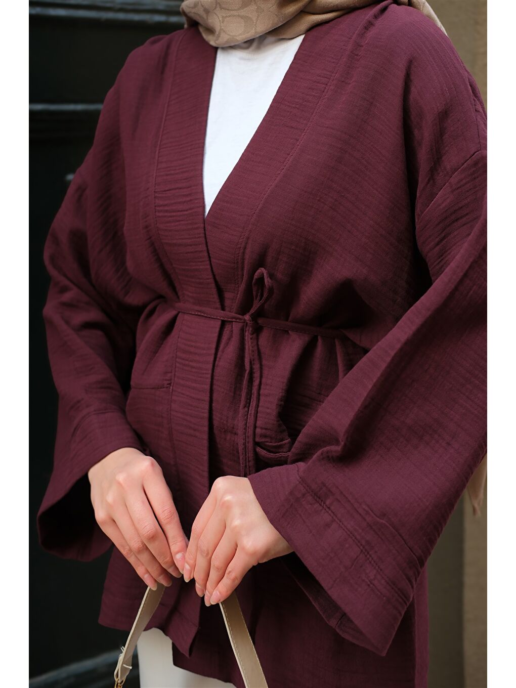 Kadın Cep Detaylı Keten Kimono Mürdüm-4