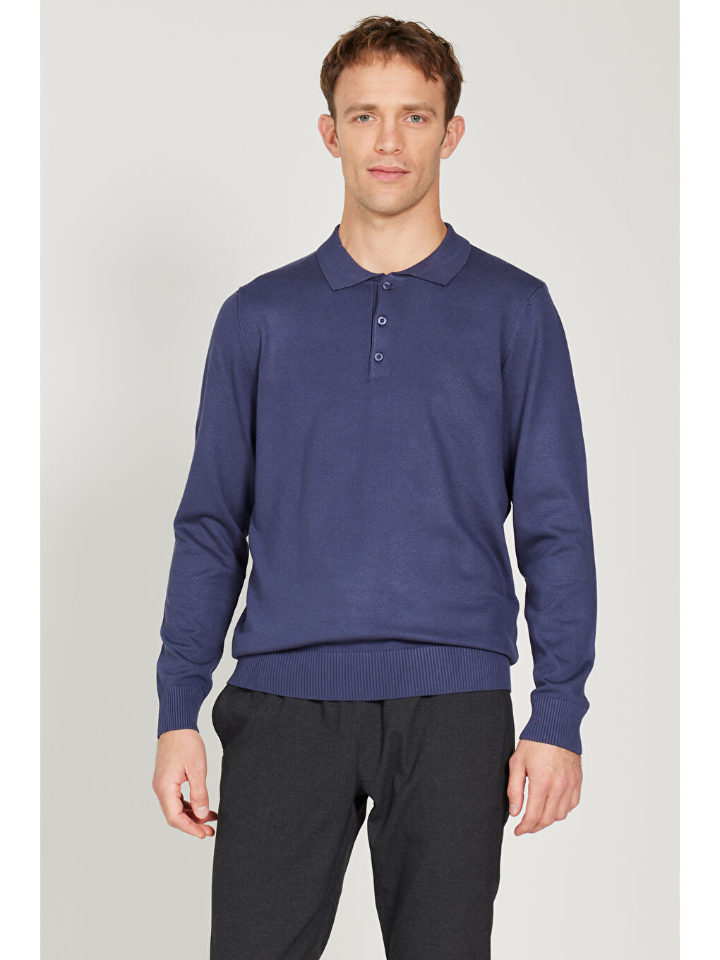 Erkek İndigo Standart Fit Normal Kesim Polo Yaka Triko Kazak