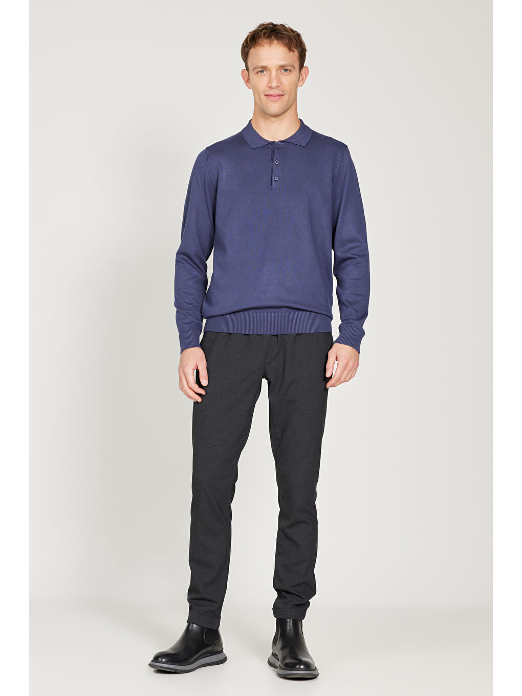 Erkek İndigo Standart Fit Normal Kesim Polo Yaka Triko Kazak-1