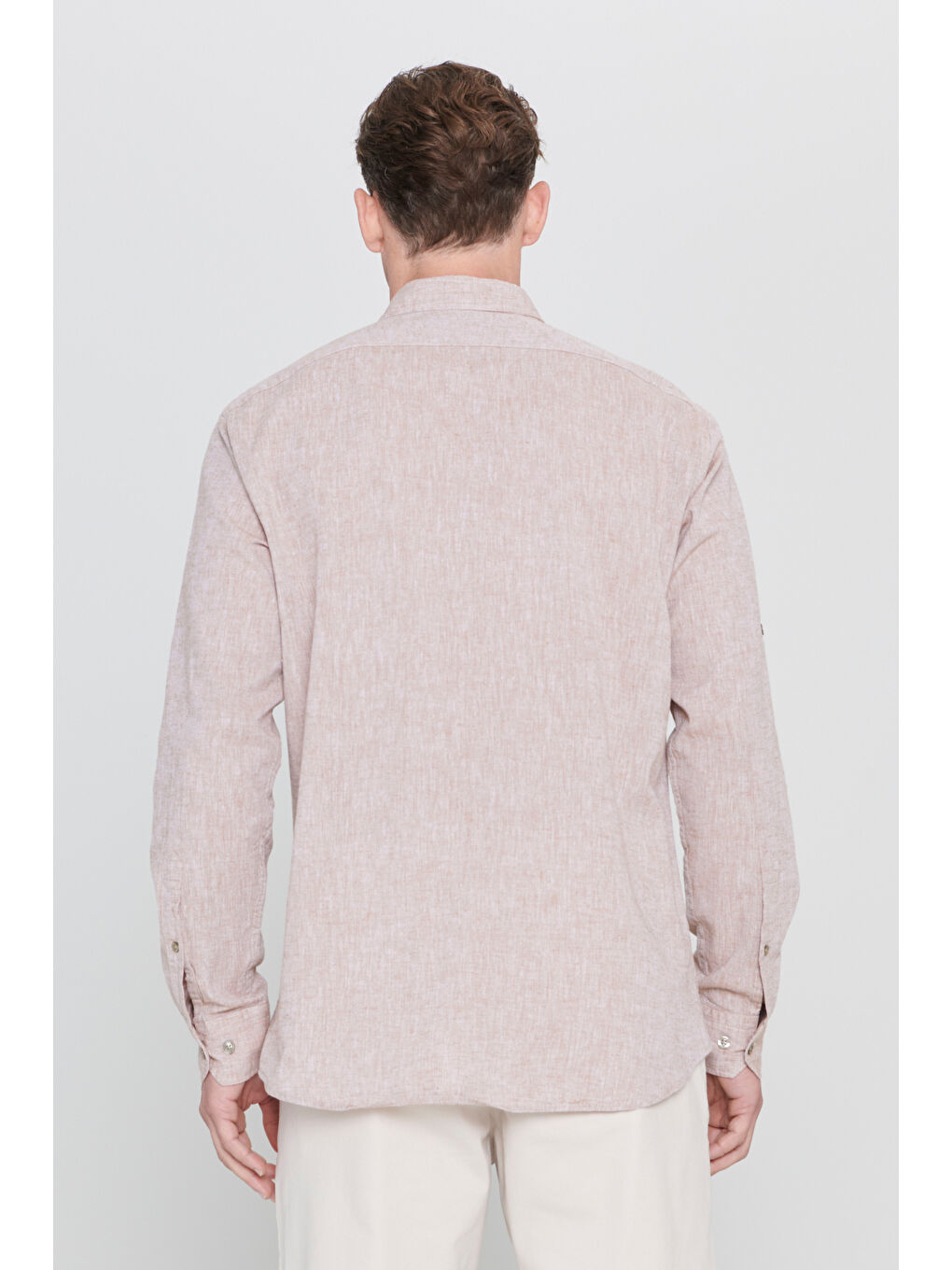 Kahverengi Erkek Camel Comfort Fit Rahat Kesim Düğmeli Yaka Casual Keten Gömlek-5