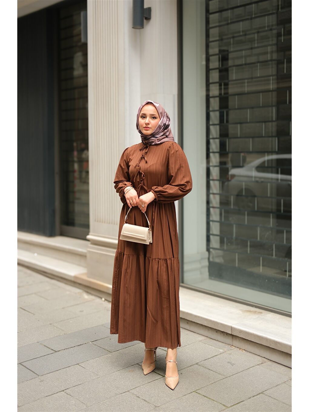 Locco Moda Kadın Bel Büzgülü Elbise Kahverengi